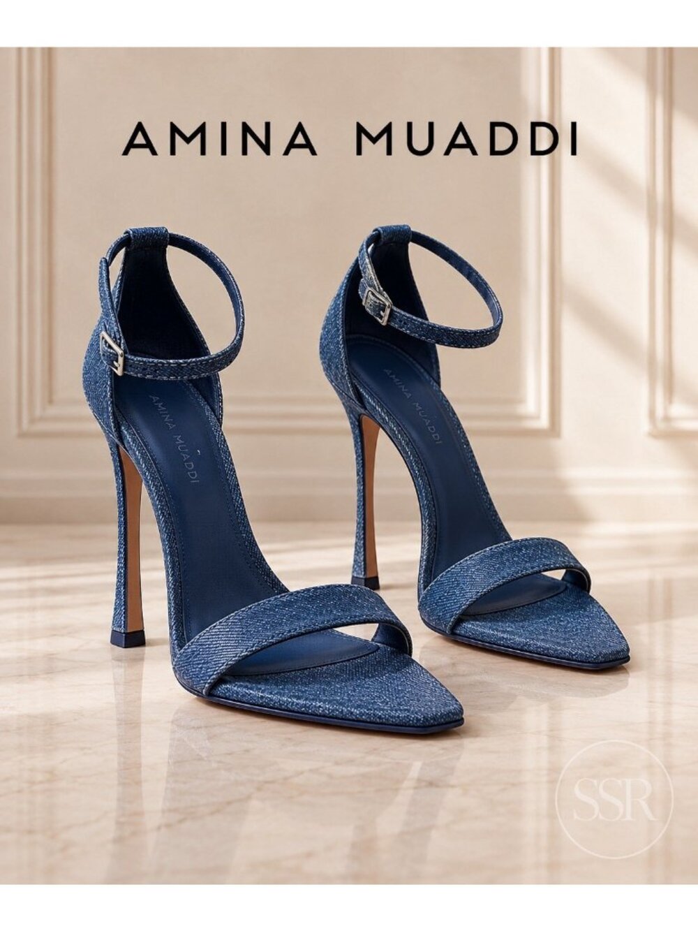 Amina Muaddi Kim Sandals 106 MMSR Hill Denim Wet Denim Heels IT 38.5 NIB